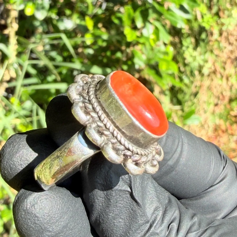 Vintage Coral Ring with Silver Setting